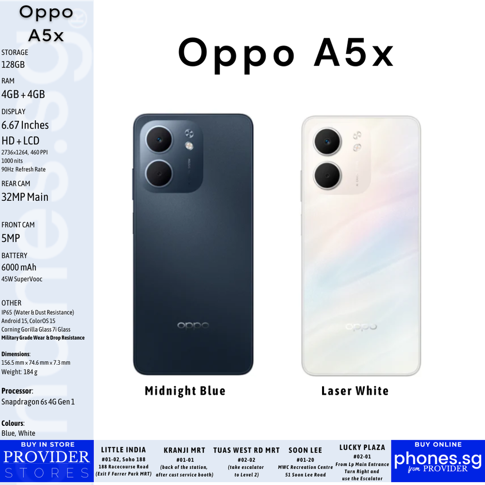 Oppo A5x (4GB + 4GB RAM/ 128GB Storage) Mobile Phone - Singapore